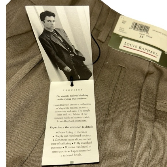Men's LOUIS RAPHAEL Dark Khaki Flat Front Dress Pants Sz 33x47 NWT 100% wool - Picture 10 of 12